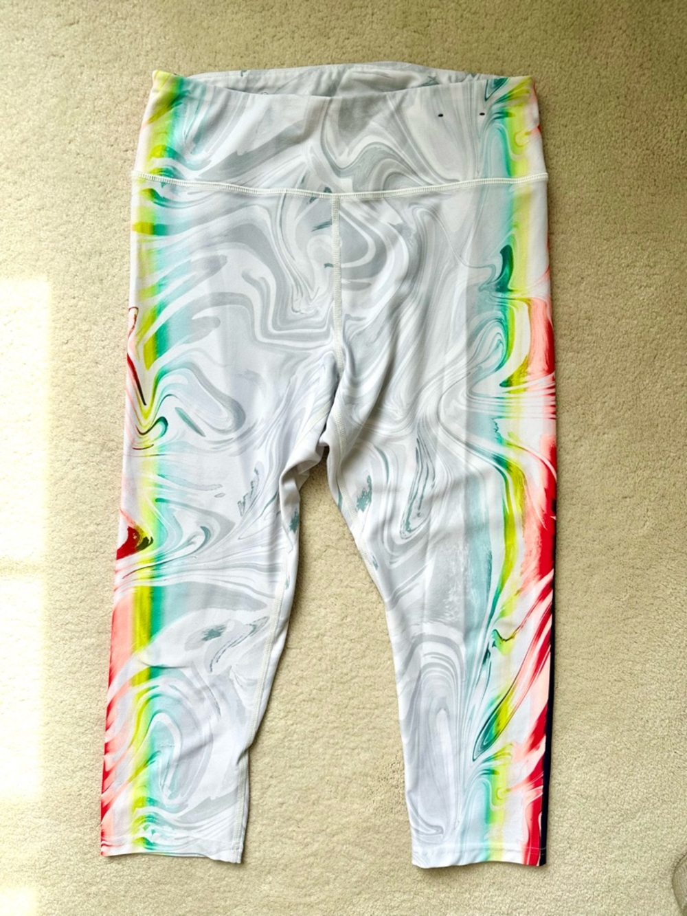 Fila Sport White Marble Capri Leggings with Rainbow Side Accents, Workout, Yoga